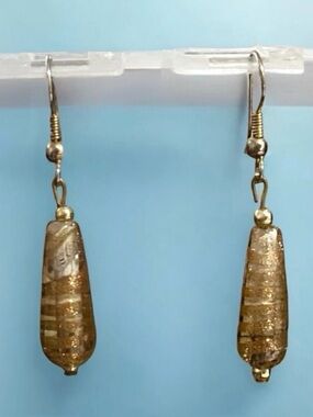Swirled Art Glass Dangle Pierced Earrings Bronze Tone Glitter Pear Drop Hooks